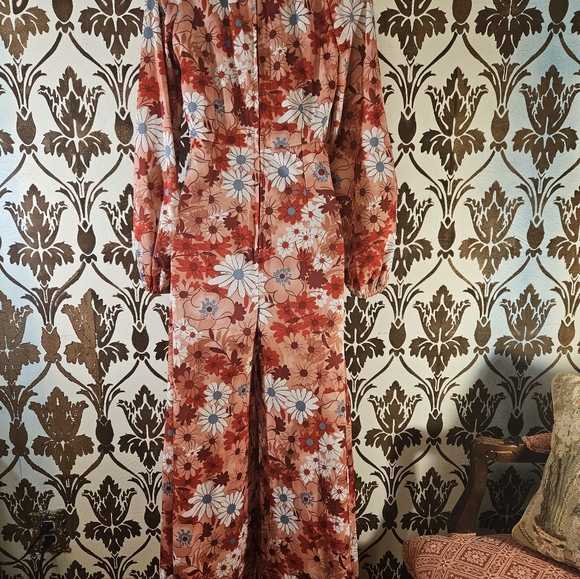 Vtg.70s Hippie/Mod/Disco Floral Handmade Women's M Medium Jumpsuit Wide Leg - Picture 6 of 7